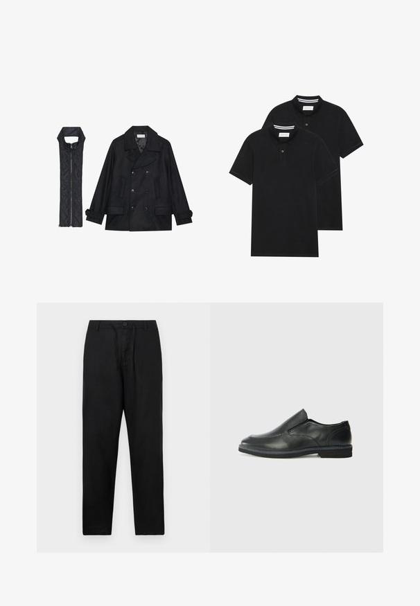 Črn volnen plašč z dvojnimi gumbi in velikim ovratnikom, v kombinaciji z brezrokavnikom iz črnega prešitega materiala z zadrgo.; Dve črne polo majice, kratke rokave, iz bombažnega materiala, z klasik ovratnikom, dvobodno zaponko in belimi črtkami znotraj ovratnika.; Črne lanene hlače s ravnim krojem, ki vsebujejo gumb za zapiranje, nastavljivo vrvico in brez vidnih vzorcev ali poudarkov.; Črne usnjene natikače z gladkim zgornjim delom, prišitimi detajli, zaobljenim nosom in nizkim gumijastim petkom. Podplat ima minimalen profil.