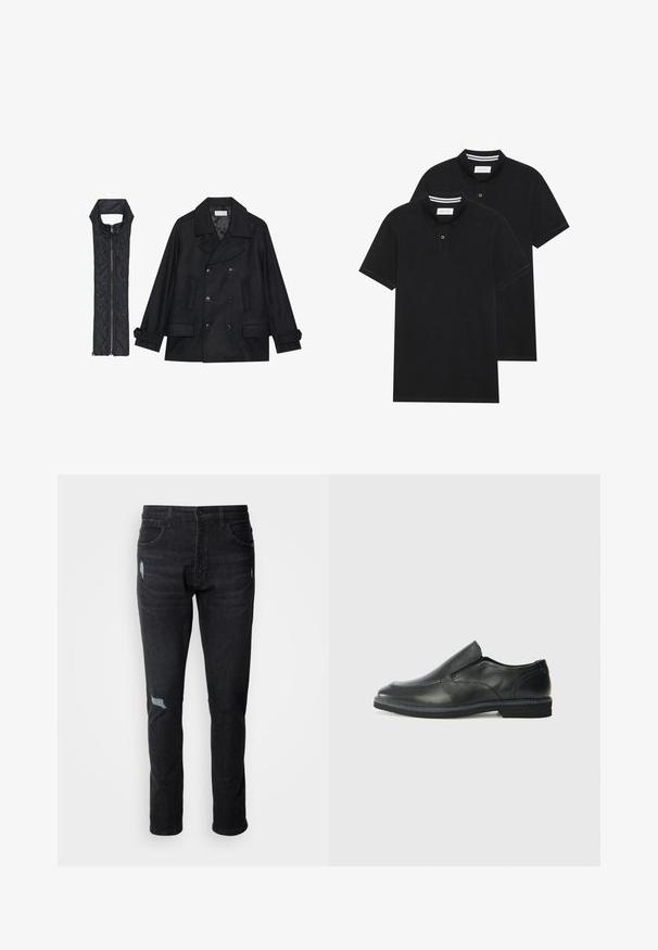Schwarzer wollener Peacoat mit doppelt geknöpften Knöpfen und großem Kragen, kombiniert mit einer ärmellosen schwarzen gesteppte Weste mit Reißverschluss.; Zwei schwarze Polohemden, kurzärmlig, aus Baumwolle, mit einem klassischen Kragen, zwei Knöpfen und weißen Streifenakzenten im Inneren des Kragens.; Schwarze Jeans aus Denim mit schlanker Passform, ausgestattet mit zwei Fronttaschen, einer Rückentasche und angeschnittenen Details an den Knien.; Schwarze Leder-Slipper mit glattem Obermaterial, gesteppten Akzenten, runder Zehenpartie und niedrigem Gummiabsatz. Die Sohle hat ein minimales Profil.