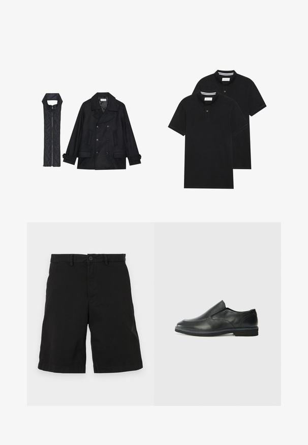 Abrigo de lana negra con botones de doble fila y gran cuello, combinado con un chaleco negro acolchado sin mangas con cierre de cremallera.; Dos camisetas polo negras, de manga corta, de material de algodón, que presentan un cuello clásico, una tapeta de dos botones y acentos de rayas blancas en el interior del cuello.; Pantalones cortos negros de algodón con un diseño de frente plano, que cuentan con un cierre de botón y bolsillos laterales, sin patrones o acentos visibles.; Zapato negro de cuero sin cordones con un upper suave, detalles de costura, punta redonda y un bajo tacón de goma. La suela presenta una tracción mínima.