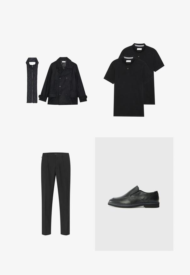 Fekete gyapjú peacoat dupla gombolással és nagy gallérral, melyet egy ujjatlan fekete steppelt mellénnyel párosítanak, amely cipzárral záródik.; Két fekete pólóing, rövid ujjú, pamut anyagból készült, klasszikus gallérral, két gombos gombolással, és fehér csíkos díszítéssel a gallér belső részén.; Fekete, elegáns szabású nadrág, sima felülettel, elülső redőkkel és egyenes szárakkal. Minimális kellékek és látható minták nélkül.; Fekete bőr, slip-on cipő sima felsőrésszel, varrott díszítéssel, lekerekített orral és alacsony gumitalppal. A talpa minimális bordázattal rendelkezik.