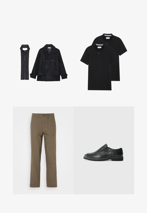 Casaco de lã preto com botões duplos e gola grande, combinado com um colete acolchoado preto sem mangas com fecho de correr.; Duas camisetas polo pretas, de manga curta, em material de algodão, com colarinho clássico, abertura com dois botões e detalhes em riscas brancas no interior do colarinho.; Calças de algodão cáqui com um design de perna reta, apresentando dois bolsos frontais, um fecho de botão e uma textura suave.; Sapato slip-on preto em pele com um upper liso, acabamentos cosidos, bico arredondado e um salto de borracha baixo. A sola apresenta um padrão de aderência mínimo.
