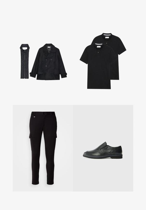 Zwarte wollen peacoat met dubbele knopen en grote kraag, gecombineerd met een mouwloze zwarte gewatteerde vest met ritssluiting.; Twee zwarte polo shirts, met korte mouwen, van katoen, met een klassieke kraag, een knoopsluiting met twee knopen en witte gestreepte accenten aan de binnenkant van de kraag.; Zwarte cargobroek van zacht materiaal, met een slim fit, riemlussen, twee zijzakken en een subtiele logo-accent.; Zwarte leren instapper met een soepele bovenkant, gestikte accenten, ronde neus en een lage rubberen hak. De zool heeft minimale profiel.