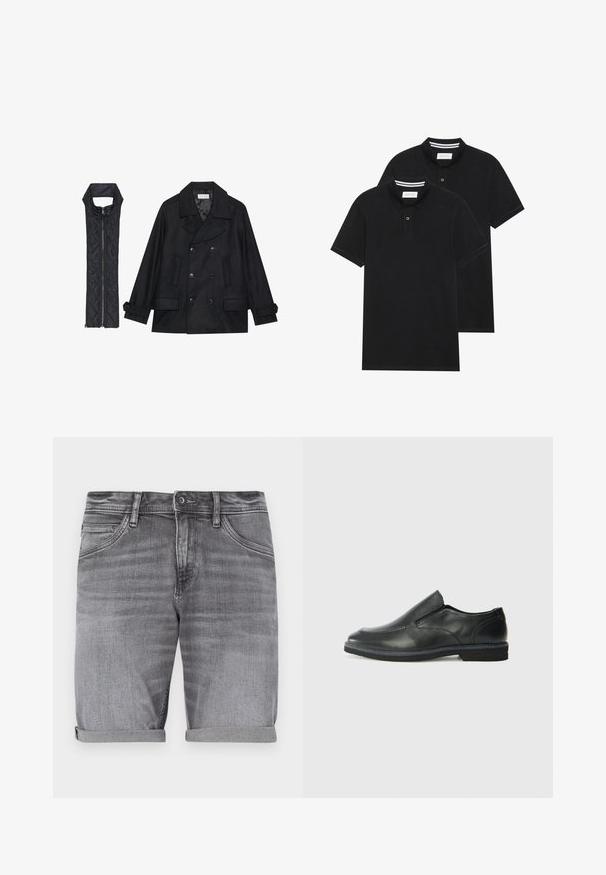 Schwarzer wollener Peacoat mit doppelt geknöpften Knöpfen und großem Kragen, kombiniert mit einer ärmellosen schwarzen gesteppte Weste mit Reißverschluss.; Zwei schwarze Polohemden, kurzärmlig, aus Baumwolle, mit einem klassischen Kragen, zwei Knöpfen und weißen Streifenakzenten im Inneren des Kragens.; Graue Jeansshorts mit einem leicht verwaschenen Finish, umgeschlagenen Säumen, Fünf-Taschen-Design und einem Metallknopfverschluss an der Taille.; Schwarze Leder-Slipper mit glattem Obermaterial, gesteppten Akzenten, runder Zehenpartie und niedrigem Gummiabsatz. Die Sohle hat ein minimales Profil.
