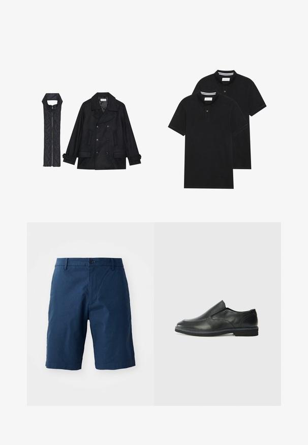 Črn volnen plašč z dvojnimi gumbi in velikim ovratnikom, v kombinaciji z brezrokavnikom iz črnega prešitega materiala z zadrgo.; Dve črne polo majice, kratke rokave, iz bombažnega materiala, z klasik ovratnikom, dvobodno zaponko in belimi črtkami znotraj ovratnika.; Mornarsko modri kratki hlače iz lahkega materiala, z ravnim sprednjim delom, gumbom za zapiranje, stranskimi žepi in gladko teksturo.; Črne usnjene natikače z gladkim zgornjim delom, prišitimi detajli, zaobljenim nosom in nizkim gumijastim petkom. Podplat ima minimalen profil.