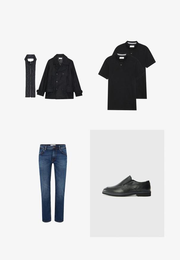 Casaco de lã preto com botões duplos e gola grande, combinado com um colete acolchoado preto sem mangas com fecho de correr.; Duas camisetas polo pretas, de manga curta, em material de algodão, com colarinho clássico, abertura com dois botões e detalhes em riscas brancas no interior do colarinho.; Calças de ganga em azul escuro com um design de perna reta, estilo de cinco bolsos e costura em contraste. Cintura padrão com fecho de botão.; Sapato slip-on preto em pele com um upper liso, acabamentos cosidos, bico arredondado e um salto de borracha baixo. A sola apresenta um padrão de aderência mínimo.