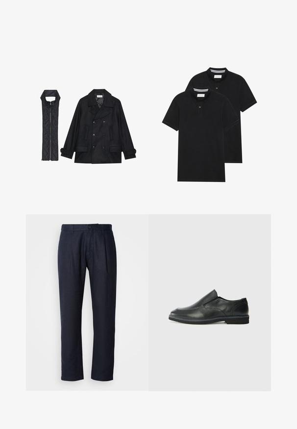 Czarna wełniana peacoat z podwójnymi guzikami i dużym kołnierzem, zestawiona z bezrękawnym czarnym pikowanym kamizelką z zamkiem błyskawicznym.; Dwie czarne koszulki polo z krótkim rękawem, wykonane z materiału bawełnianego, z klasycznym kołnierzykiem, z zapięciem na dwa guziki oraz białymi paskami wewnątrz kołnierza.; Ciemnoniebieskie lniane spodnie z przodem w zakładki, pasem z szlufkami i zapięciem na jeden guzik.; Czarne skórzane buty wsuwane z gładką cholewką, przeszyciami, okrągłym noskiem i niskim gumowym obcasem. Podeszwa ma minimalny bieżnik.