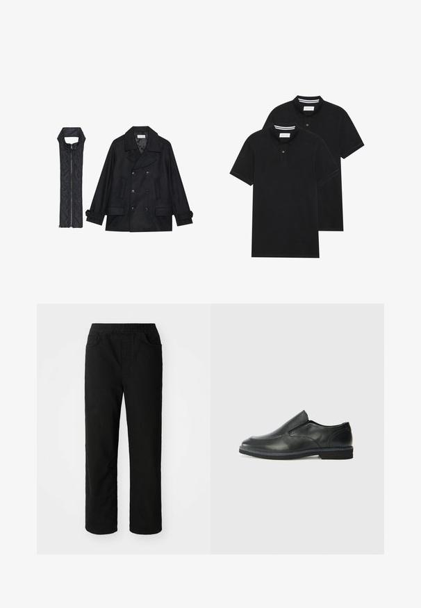 Fekete gyapjú peacoat dupla gombolással és nagy gallérral, melyet egy ujjatlan fekete steppelt mellénnyel párosítanak, amely cipzárral záródik.; Két fekete pólóing, rövid ujjú, pamut anyagból készült, klasszikus gallérral, két gombos gombolással, és fehér csíkos díszítéssel a gallér belső részén.; Fekete pamut nadrág laza szabással, rugalmas derékkal, két elülső zsebbel és egyenes lábakkal. Simább textúra, látható minták nélkül.; Fekete bőr, slip-on cipő sima felsőrésszel, varrott díszítéssel, lekerekített orral és alacsony gumitalppal. A talpa minimális bordázattal rendelkezik.