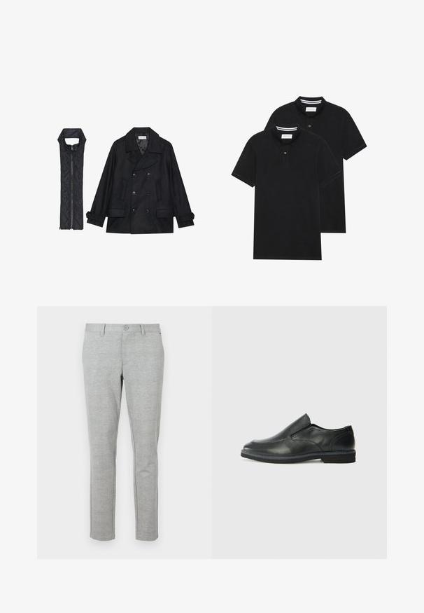 Melnā vilnas jaka ar dubulto pogu rindas un lielu apkakli, apvienota ar bez piedurknēm melnu piepūšamā vesta ar rāvējslēdzēju.; Divas melnas polo krekli, īsām piedurknēm, no kokvilnas materiāla, ar klasisku apkakli, divu pogu aizdari un balti svītroti akcenti apkakles iekšpusē.; Pelēki, slim-fit stila kleitas bikses, izgatavotas no teksturētas auduma. Ar standarta jostasvietu un pogas aizdares, kā arī sānu kabatām.; Melnas ādas slip-on kurpes ar gludu augšdaļu, izšūtām akcentiem, noapaļotu purngala daļu un zemu gumijas papēdi. Zole ar minimālu rakstu.