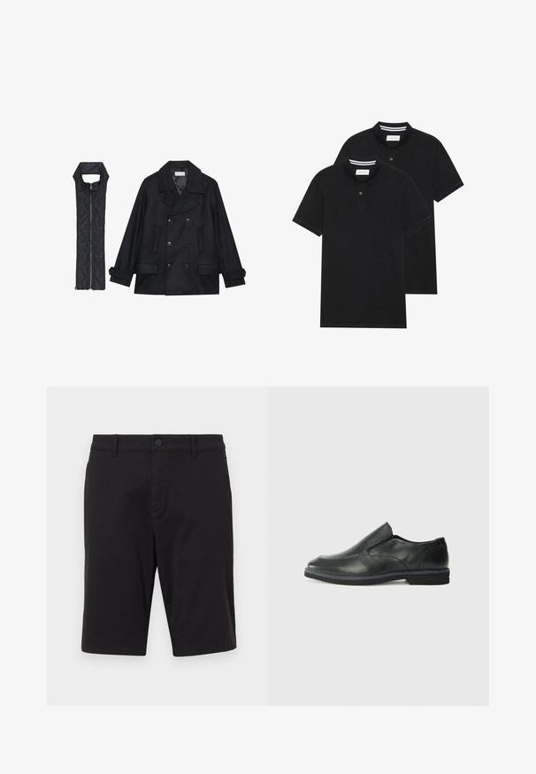 Čierny vlnený peacoat s dvojradovým zapínaním a veľkým golierom, skombinovaný s čiernou prešívanou vestou bez rukávov s rázporkom na zips.; Dvé čierne polo tričká, krátke rukávy, vyrobené z bavlny, s klasickým golierom, dvojitým gombíkom a bielymi pruhmi vo vnútri goliera.; Čierne šortky vyrobené z ľahkého materiálu. Majú zapínanie na gombík, pútka na opasok, dve bočné vrecká a rovný strih.; Čierny kožený nazúvací topánka s hladkým zvrškom, prešitými akcentmi, zaoblenou špičkou a nízkym gumovým podpätkom. Podošva má minimálny dezén.