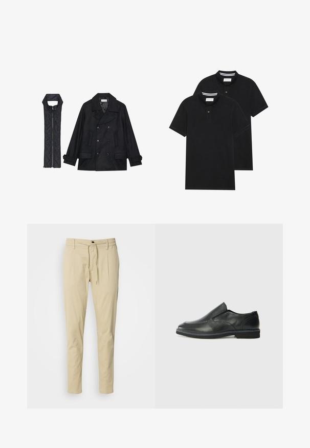 Juodas vilnonis pikoatė su dvigubais mygtukais ir dideliu apykakle, derinamas su juodu be rankovių pūkine liemene su užtrauktuku.; Du žaidimų juodos polo marškiniai, trumpomis rankovėmis, pagaminti iš medvilnės, su klasikinėmis apykaklėmis, dviem mygtukais priekyje ir baltais dryžiais apykaklės viduje.; Šviesiai rudos, liesos kelnės iš medvilnės mišinio. Elastingas juosmuo su raišteliu, dvi priekinės klostės ir tiesios kojos.; Juodai odiniai įtvirtinimo batai su lygiu paviršiumi, siuvinėjimo akcentais, apvalia nosimi ir žemu guminiu kulnu. Pado raštas minimalus.