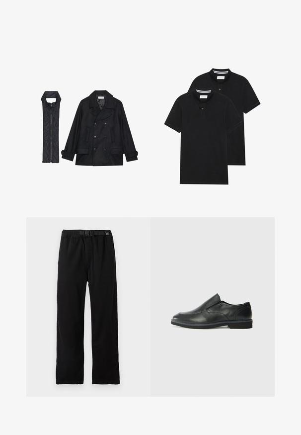 Juodas vilnonis pikoatė su dvigubais mygtukais ir dideliu apykakle, derinamas su juodu be rankovių pūkine liemene su užtrauktuku.; Du žaidimų juodos polo marškiniai, trumpomis rankovėmis, pagaminti iš medvilnės, su klasikinėmis apykaklėmis, dviem mygtukais priekyje ir baltais dryžiais apykaklės viduje.; Juodai, lengvi kelnių su elastine juosta ir reguliuojamu diržu, tiesaus kirpimo dizainas ir lygus paviršius.; Juodai odiniai įtvirtinimo batai su lygiu paviršiumi, siuvinėjimo akcentais, apvalia nosimi ir žemu guminiu kulnu. Pado raštas minimalus.