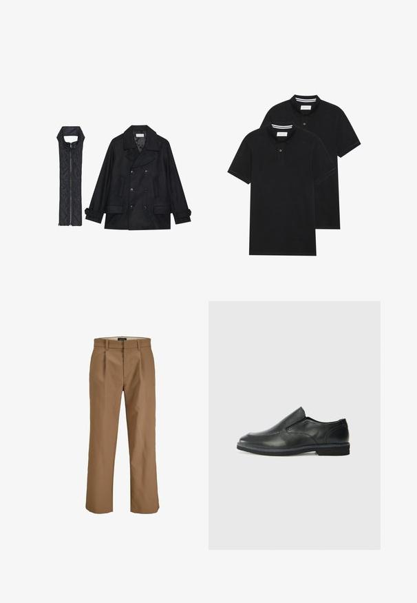 Manteau en laine noir à double boutonnage et grand col, associé à un gilet matelassé sans manches noir avec fermeture éclair.; Deux polos noirs, à manches courtes, en coton, avec un col classique, une patte de boutonnage à deux boutons, et des accents rayés blancs à l'intérieur du col.; Pantalon marron en tissu lisse, avec une coupe droite, des plis à l'avant et des passants de ceinture. Pas de motifs ni d'accents visibles.; Chaussure slip-on en cuir noir avec une tige lisse, des accents cousus, un bout arrondi et un petit talon en caoutchouc. La semelle présente un profil de traction minimal.
