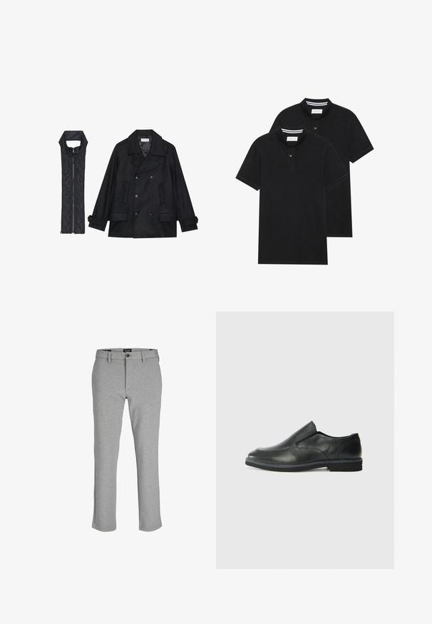 Schwarzer wollener Peacoat mit doppelt geknöpften Knöpfen und großem Kragen, kombiniert mit einer ärmellosen schwarzen gesteppte Weste mit Reißverschluss.; Zwei schwarze Polohemden, kurzärmlig, aus Baumwolle, mit einem klassischen Kragen, zwei Knöpfen und weißen Streifenakzenten im Inneren des Kragens.; Graue Hosen aus leichtem Stoff, mit geradem Bein, Reißverschluss und einem einzigen Knopfverschluss am Bund.; Schwarze Leder-Slipper mit glattem Obermaterial, gesteppten Akzenten, runder Zehenpartie und niedrigem Gummiabsatz. Die Sohle hat ein minimales Profil.