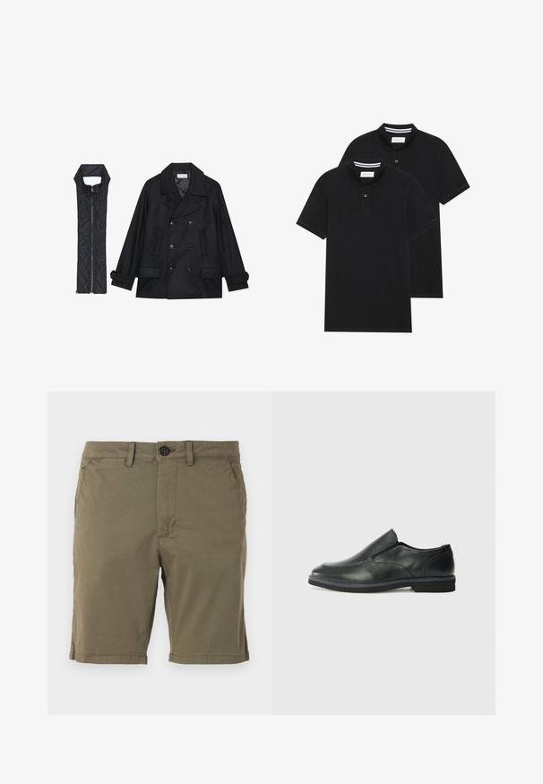 Musta villapaltto, jossa on kaksiriviset napit ja suuri kaulus, yhdistettynä olkaimettomaan mustaan toppaliiviin, joka avautuu vetoketjulla.; Kaksi mustaa lyhythihaista poolopaitaa, puuvillamateriaalia, joissa on klassinen kaulus, kahden napin napitus ja valkoiset raidat kauluksen sisällä.; Olivi vihreät shortsit, jotka on valmistettu puuvillasekoitekankaasta. Niissä on napitus, etutaskut ja reunakaitale, jossa on hienovaraiset kirjontatiedot.; Musta nahkainen liukujalkine, jossa on sileä pinta, ommeltuja yksityiskohtia, pyöristetty kärki ja matala kumipohja. Pohjassa on minimaalinen pito.