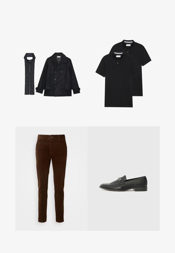 Casaco de lã preto com botões duplos e gola grande, combinado com um colete acolchoado preto sem mangas com fecho de correr.; Duas camisetas polo pretas, de manga curta, em material de algodão, com colarinho clássico, abertura com dois botões e detalhes em riscas brancas no interior do colarinho.; Calças de veludo cotelê castanhas com um design de pernas retas, apresentando um fecho de botão e uma textura subtil de riscas verticais.; Sapatilha de couro preta com um acabamento suave, apresentando um design cosido e um detalhe decorativo de corrente de metal atravessando o peito do pé. Salto baixo.