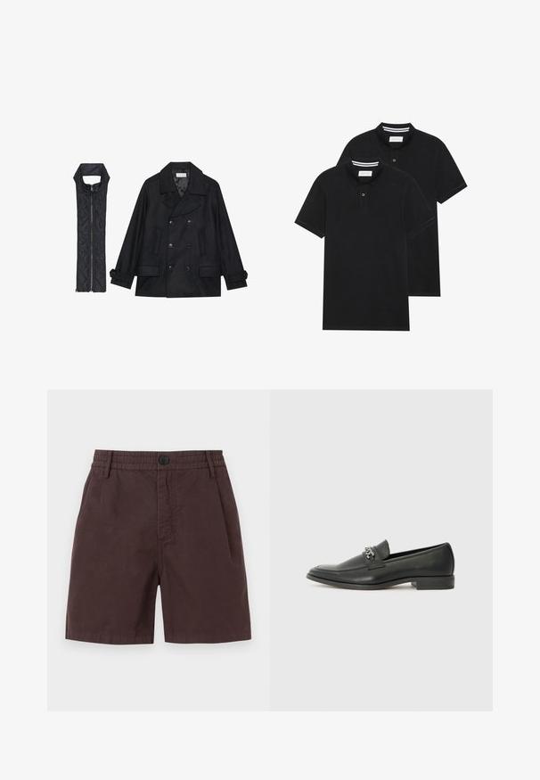 Schwarzer wollener Peacoat mit doppelt geknöpften Knöpfen und großem Kragen, kombiniert mit einer ärmellosen schwarzen gesteppte Weste mit Reißverschluss.; Zwei schwarze Polohemden, kurzärmlig, aus Baumwolle, mit einem klassischen Kragen, zwei Knöpfen und weißen Streifenakzenten im Inneren des Kragens.; Braune Baumwollshorts mit einem elastischen Bund und einem einzigen Knopfverschluss. Verfügt über Seitentaschen und eine glatte Textur.; Schwarzer Lederloafer mit glatter Oberfläche, ausgestattet mit einer gesteppten Gestaltung und einem dekorativen Metallkettendetail über dem Vorderblatt. Flacher Absatz.