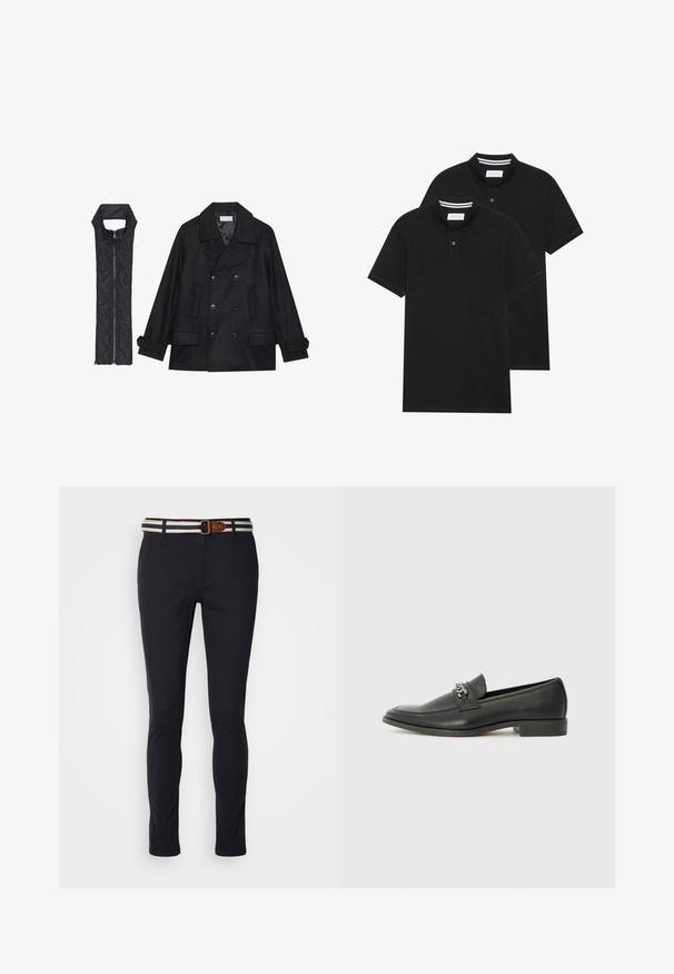 Μαύρο μάλλινο παλτό με διπλό κούμπωμα και μεγάλο γιακά, συνδυασμένο με ένα αμάνικο μαύρο καπιτονέ γιλέκο που διαθέτει φερμουάρ.; Δύο μαύρα πόλο πουκάμισα, κοντομάνικα, από βαμβακερό υλικό, με κλασικό γιακά, πατιλέτα με δύο κουμπιά και λευκές ριγέ λεπτομέρειες μέσα στον γιακά.; Ναυτικά κοτλέ παντελόνια σε στενή γραμμή, με υφασμάτινη ζώνη με ρίγες και καφέ δερμάτινη λεπτομέρεια, καθώς και κλασσικό φερμουάρ.; Μαύρη δερμάτινη λοφάρα με λείο φινίρισμα, που διαθέτει ραμμένο σχέδιο και διακοσμητική μεταλλική αλυσίδα πάνω από το μπροστινό μέρος. Χαμηλή φτέρνα.