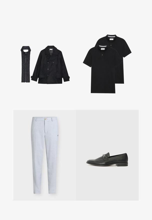 Zwarte wollen peacoat met dubbele knopen en grote kraag, gecombineerd met een mouwloze zwarte gewatteerde vest met ritssluiting.; Twee zwarte polo shirts, met korte mouwen, van katoen, met een klassieke kraag, een knoopsluiting met twee knopen en witte gestreepte accenten aan de binnenkant van de kraag.; Pier One CHINOS - Chino - light blue; Zwarte leren instapper met een gladde afwerking, voorzien van een gestikt ontwerp en een decoratieve metalen kettingaccent over de wreef. Platte hak.