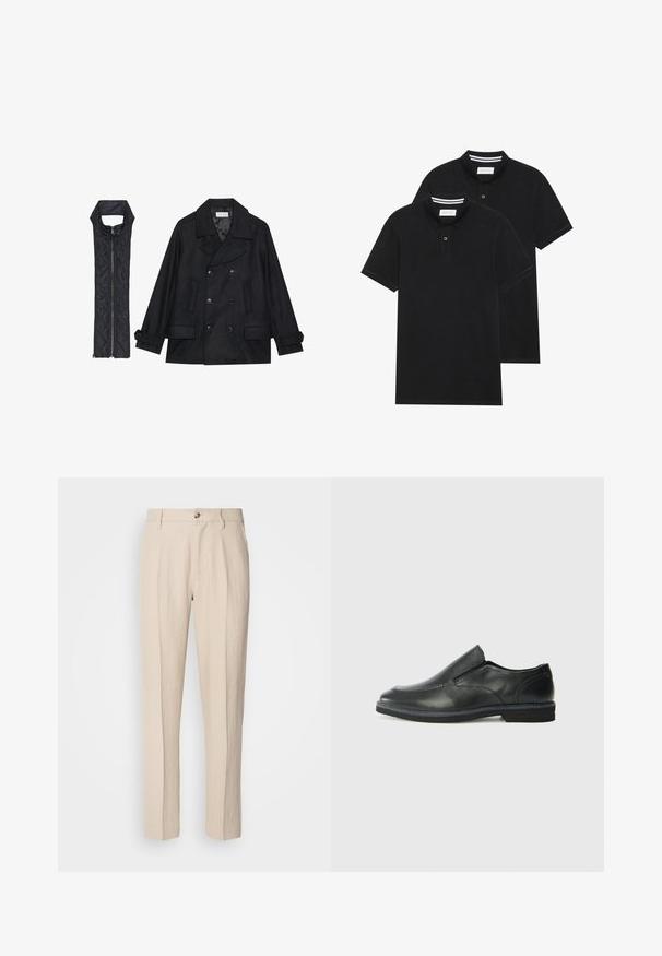 Schwarzer wollener Peacoat mit doppelt geknöpften Knöpfen und großem Kragen, kombiniert mit einer ärmellosen schwarzen gesteppte Weste mit Reißverschluss.; Zwei schwarze Polohemden, kurzärmlig, aus Baumwolle, mit einem klassischen Kragen, zwei Knöpfen und weißen Streifenakzenten im Inneren des Kragens.; Beige, maßgeschneiderte Hose aus leichtem Material, mit geradem Schnitt, zwei vorderen Taschen und einem Ein-Knopf-Verschluss.; Schwarze Leder-Slipper mit glattem Obermaterial, gesteppten Akzenten, runder Zehenpartie und niedrigem Gummiabsatz. Die Sohle hat ein minimales Profil.