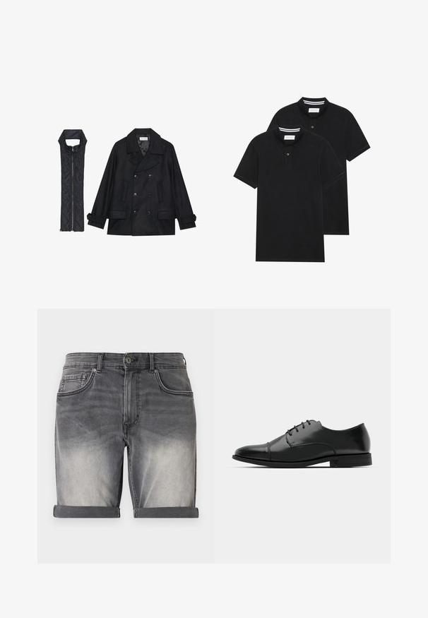 Juodas vilnonis pikoatė su dvigubais mygtukais ir dideliu apykakle, derinamas su juodu be rankovių pūkine liemene su užtrauktuku.; Du žaidimų juodos polo marškiniai, trumpomis rankovėmis, pagaminti iš medvilnės, su klasikinėmis apykaklėmis, dviem mygtukais priekyje ir baltais dryžiais apykaklės viduje.; Išblukusių juodų džinsų šortai su apvartu, turintys penkis kišenių ir subtilių išblukimų priekyje. Klasikinis mygtukų uždarymas.; Juodas odinis džinsinis batų modelis su apvaliu galiuku, raišteliu ir subtiliomis siūlėmis, taip pat žemu kulnu. Lygus pavirčius su blizgiu apdaila.