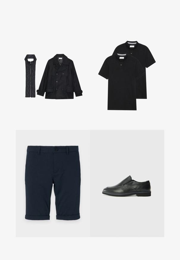 Crni vuneni kaput s dvostrukim kopčanjem i velikim ovratnikom, uparen s crnim bezrukavnim jaknom od mrežastog materijala sa zatvaračem na patent.; Dva crna polo majice, kratki rukavi, pamučni materijal, sa klasičnom ovratnikom, čepom sa dva gumba i bijelim prugastim detaljima unutar ovratnika.; Tamno plave kratke hlače od pamuka s glatkom teksturom, s prevrnutim rubovima i kopčanjem na dugme u struku.; Crne kožne cipele na sklapanje s glatkom gornjom površinom, prošivenim detaljima, zaobljenim vrhom i niskim gumene potplate. Potplat ima minimalne uzorke.