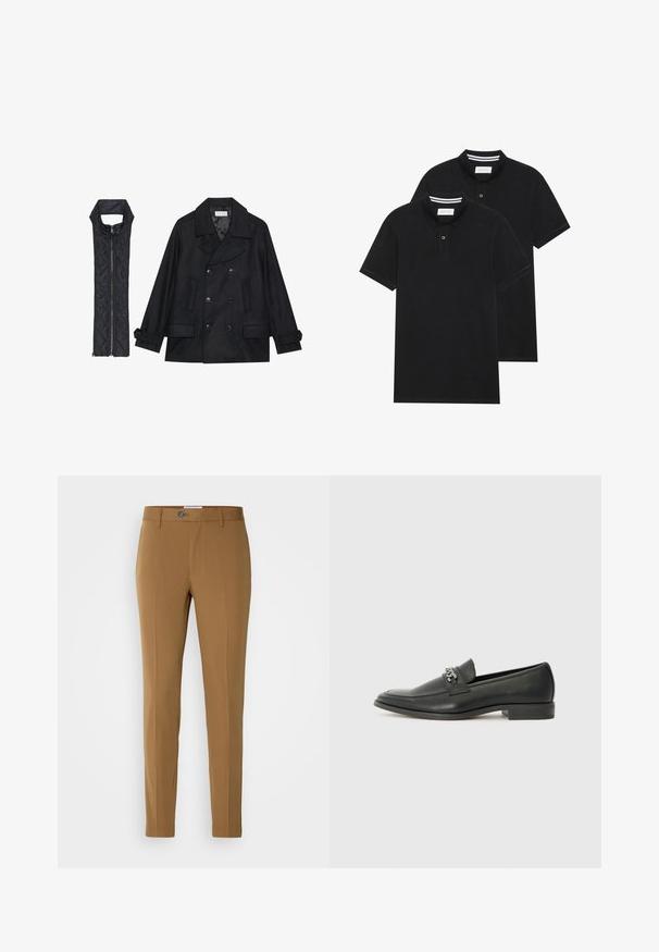 Casaco de lã preto com botões duplos e gola grande, combinado com um colete acolchoado preto sem mangas com fecho de correr.; Duas camisetas polo pretas, de manga curta, em material de algodão, com colarinho clássico, abertura com dois botões e detalhes em riscas brancas no interior do colarinho.; Calças ajustadas castanhas com corte reto, apresentando um fecho de correr frontal, fecho de botão e dois bolsos laterais para funcionalidade.; Sapatilha de couro preta com um acabamento suave, apresentando um design cosido e um detalhe decorativo de corrente de metal atravessando o peito do pé. Salto baixo.