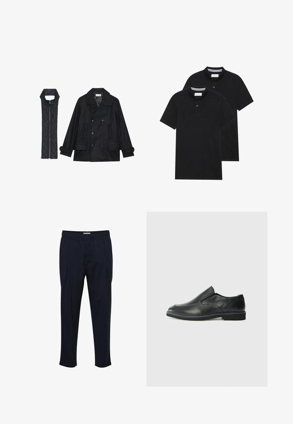 Cappotto di panno nero con bottoni doppi e colletto ampio, abbinato a un gilet senza maniche in tessuto trapuntato nero con chiusura a zip.; Due magliette polo nere, con maniche corte, in cotone, con colletto classico, pattina a due bottoni e dettagli a righe bianche all'interno del colletto.; Pantaloni blu navy su misura con vita regolabile, fronte plissettato e caviglia affusolata. Realizzati in un tessuto morbido e leggero.; Scarpa nera in pelle con inserto scivolare, superiore liscio, dettagli cuciti, punta arrotondata e tacco in gomma basso. La suola presenta un battistrada minimale.