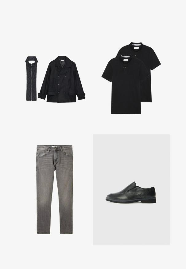 Manteau en laine noir à double boutonnage et grand col, associé à un gilet matelassé sans manches noir avec fermeture éclair.; Deux polos noirs, à manches courtes, en coton, avec un col classique, une patte de boutonnage à deux boutons, et des accents rayés blancs à l'intérieur du col.; Jean en denim gris avec un design classique à jambe droite, un délavage minimal, des poches avant et une fermeture à bouton métallique à la taille.; Chaussure slip-on en cuir noir avec une tige lisse, des accents cousus, un bout arrondi et un petit talon en caoutchouc. La semelle présente un profil de traction minimal.