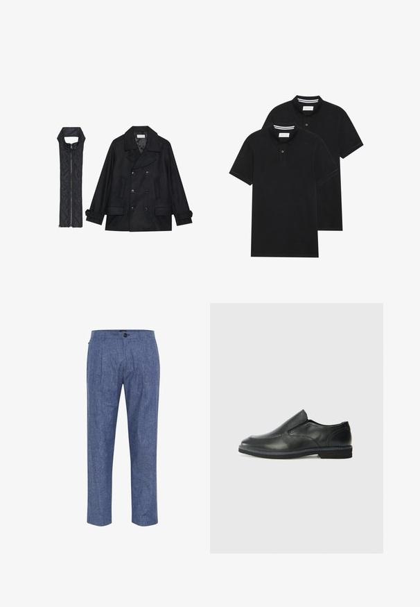 Črn volnen plašč z dvojnimi gumbi in velikim ovratnikom, v kombinaciji z brezrokavnikom iz črnega prešitega materiala z zadrgo.; Dve črne polo majice, kratke rokave, iz bombažnega materiala, z klasik ovratnikom, dvobodno zaponko in belimi črtkami znotraj ovratnika.; Modri chambray hlače sproščenega kroja, z zasnovo sprednje plitvice, stranskimi žepi in enim gumbom za zapiranje na pasu.; Črne usnjene natikače z gladkim zgornjim delom, prišitimi detajli, zaobljenim nosom in nizkim gumijastim petkom. Podplat ima minimalen profil.