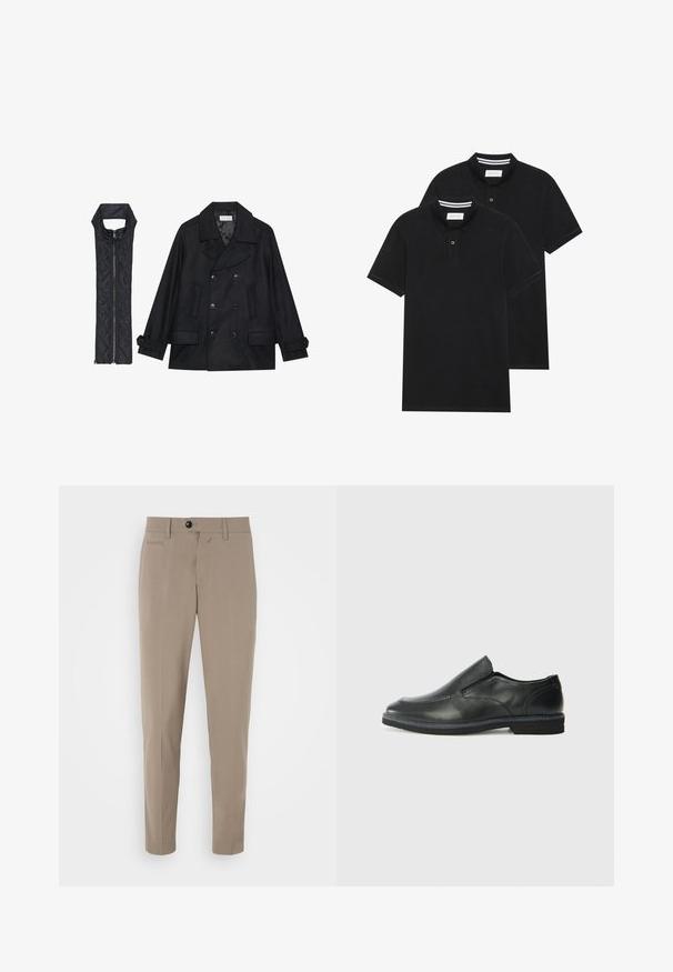 Casaco de lã preto com botões duplos e gola grande, combinado com um colete acolchoado preto sem mangas com fecho de correr.; Duas camisetas polo pretas, de manga curta, em material de algodão, com colarinho clássico, abertura com dois botões e detalhes em riscas brancas no interior do colarinho.; Calças bege de corte ajustado, com fecho de correr e um bolso frontal. Feitas de um tecido suave com uma aparência nítida.; Sapato slip-on preto em pele com um upper liso, acabamentos cosidos, bico arredondado e um salto de borracha baixo. A sola apresenta um padrão de aderência mínimo.
