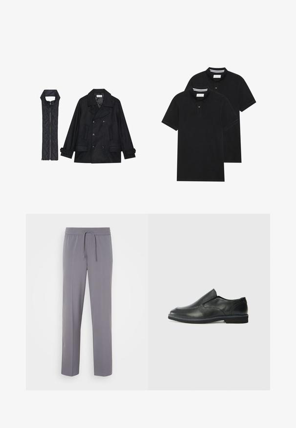 Casaco de lã preto com botões duplos e gola grande, combinado com um colete acolchoado preto sem mangas com fecho de correr.; Duas camisetas polo pretas, de manga curta, em material de algodão, com colarinho clássico, abertura com dois botões e detalhes em riscas brancas no interior do colarinho.; Calças cinzentas, elásticas, com frente lisa, cintura elástica e cordão, apresentando pernas retas e uma textura suave.; Sapato slip-on preto em pele com um upper liso, acabamentos cosidos, bico arredondado e um salto de borracha baixo. A sola apresenta um padrão de aderência mínimo.