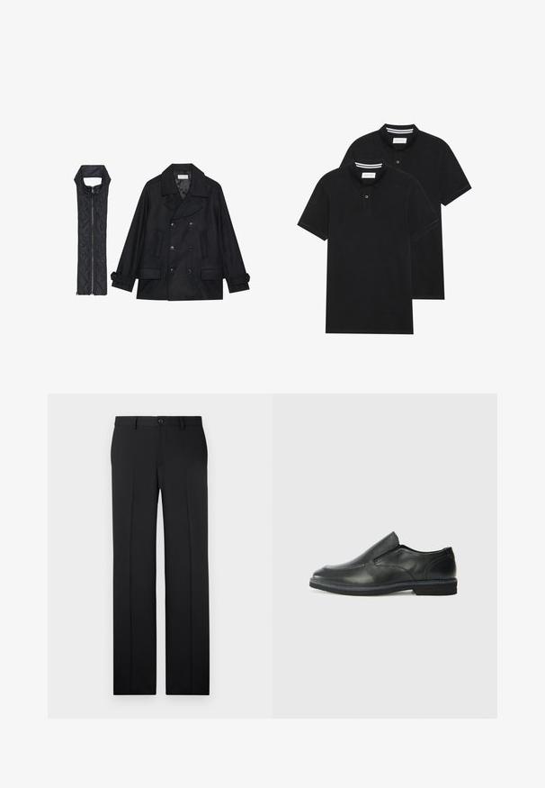 Casaco de lã preto com botões duplos e gola grande, combinado com um colete acolchoado preto sem mangas com fecho de correr.; Duas camisetas polo pretas, de manga curta, em material de algodão, com colarinho clássico, abertura com dois botões e detalhes em riscas brancas no interior do colarinho.; Calças pretas, sob medida, com corte de perna reta, tecido suave, pregas frontais e um único botão de fecho na cintura.; Sapato slip-on preto em pele com um upper liso, acabamentos cosidos, bico arredondado e um salto de borracha baixo. A sola apresenta um padrão de aderência mínimo.