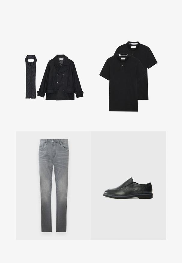 Svart ull peacoat med dubbelknäppta knappar och stor krage, kombinerad med en ärmlös svart vadderad väst med dragkedja.; Två svarta polo t-shirts, kortärmade, i bomullsmaterial, med en klassisk krage, tvåknappsslutning och vita randiga accenter inuti kragen.; Grå denimjeans med en bleknad design, femfickors stil, knappstängning och rak benpassform. Slät textur med lätt slitage vid kanterna.; Svart lädersko i slip-on-modell med en slät ovandel, sömnadsdetaljer, rund tå och låg gummihäl. Sulan har minimal mönstring.