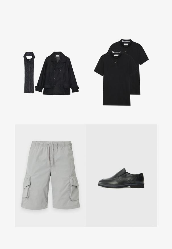 Manteau en laine noir à double boutonnage et grand col, associé à un gilet matelassé sans manches noir avec fermeture éclair.; Deux polos noirs, à manches courtes, en coton, avec un col classique, une patte de boutonnage à deux boutons, et des accents rayés blancs à l'intérieur du col.; Shorts cargo gris clair avec une taille élastique, fermeture à cordon de serrage et deux grandes poches latérales. Tissu lisse et léger.; Chaussure slip-on en cuir noir avec une tige lisse, des accents cousus, un bout arrondi et un petit talon en caoutchouc. La semelle présente un profil de traction minimal.