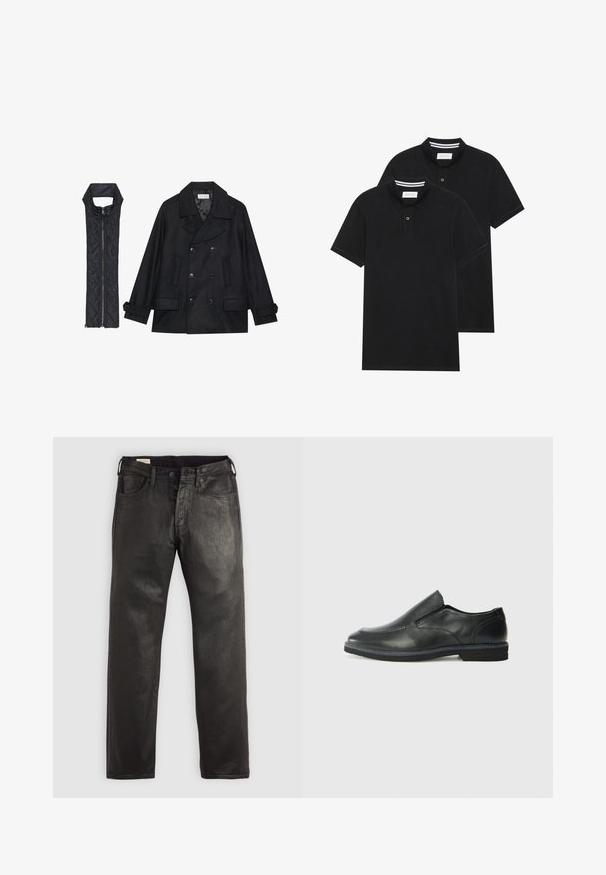 Crni vuneni kaput s dvostrukim kopčanjem i velikim ovratnikom, uparen s crnim bezrukavnim jaknom od mrežastog materijala sa zatvaračem na patent.; Dva crna polo majice, kratki rukavi, pamučni materijal, sa klasičnom ovratnikom, čepom sa dva gumba i bijelim prugastim detaljima unutar ovratnika.; Crne traperice od denima ravnog kroja, s dugmetom i zatvaračem, pet džepova i glatkom teksturom.; Crne kožne cipele na sklapanje s glatkom gornjom površinom, prošivenim detaljima, zaobljenim vrhom i niskim gumene potplate. Potplat ima minimalne uzorke.