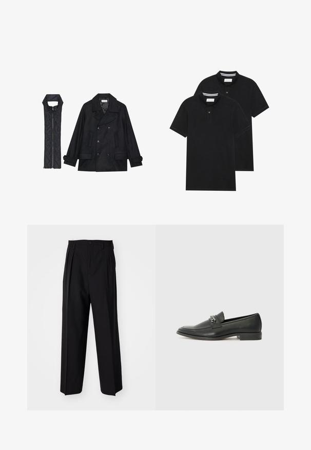 Czarna wełniana peacoat z podwójnymi guzikami i dużym kołnierzem, zestawiona z bezrękawnym czarnym pikowanym kamizelką z zamkiem błyskawicznym.; Dwie czarne koszulki polo z krótkim rękawem, wykonane z materiału bawełnianego, z klasycznym kołnierzykiem, z zapięciem na dwa guziki oraz białymi paskami wewnątrz kołnierza.; Czarne plisowane spodnie o prostym, szerokim kroju nogawek. Wykonane z gładkiego materiału, z zapięciem na guzik i pętelkami na pasek.; Czarne skórzane mokasyny o gładkim wykończeniu, z haftowanym wzorem i dekoracyjnym akcentem z metalowego łańcucha na wierzchu. Płaska pięta.