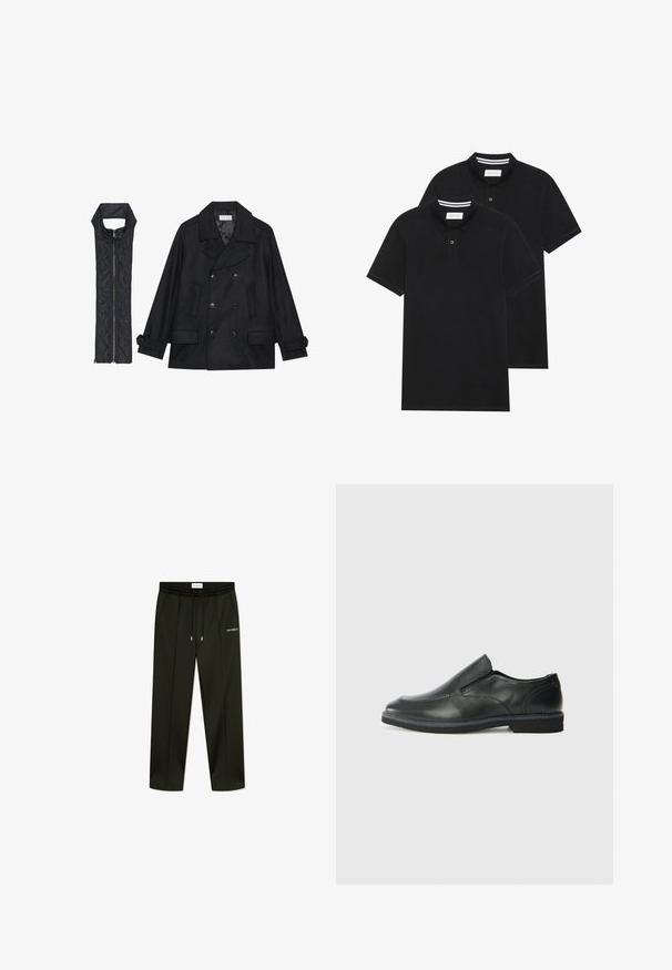 Μαύρο μάλλινο παλτό με διπλό κούμπωμα και μεγάλο γιακά, συνδυασμένο με ένα αμάνικο μαύρο καπιτονέ γιλέκο που διαθέτει φερμουάρ.; Δύο μαύρα πόλο πουκάμισα, κοντομάνικα, από βαμβακερό υλικό, με κλασικό γιακά, πατιλέτα με δύο κουμπιά και λευκές ριγέ λεπτομέρειες μέσα στον γιακά.; Σκούρο πράσινο παντελόνι με ελαστική μέση, πλαϊνές τσέπες και λευκό κείμενο "LES DEUX" στη αριστερή πλευρά. Λεπτή υφή και σχέδιο που στενεύει.; Μαύρο δερμάτινο παπούτσι χωρίς κορδόνια με λείο επάνω μέρος, ραφές, στρογγυλή μύτη και χαμηλό λάστιχο τακούνι. Η σόλα διαθέτει ελάχιστο σχέδιο.