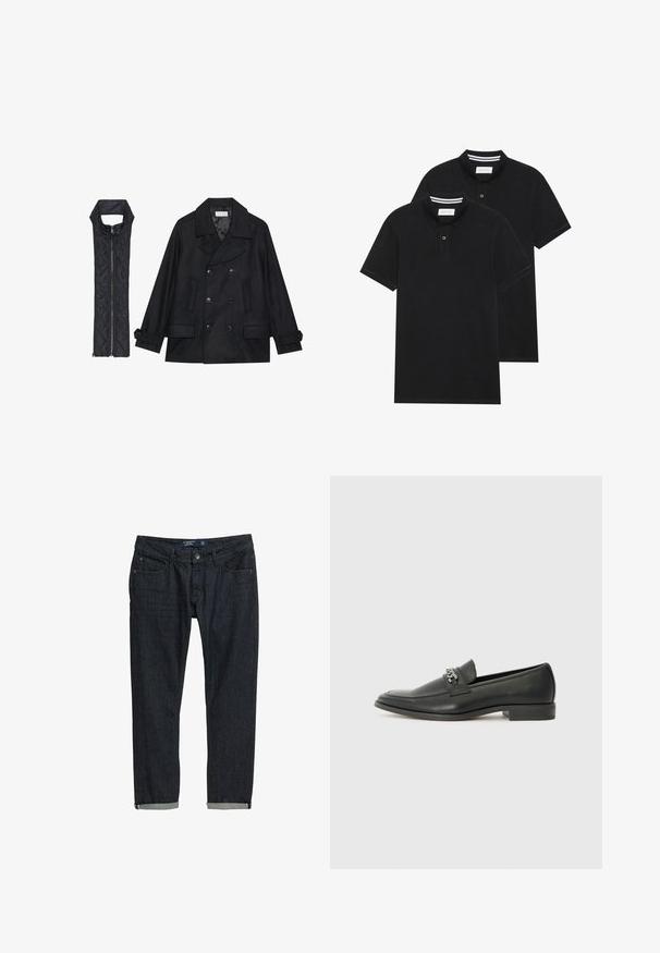 Čierny vlnený peacoat s dvojradovým zapínaním a veľkým golierom, skombinovaný s čiernou prešívanou vestou bez rukávov s rázporkom na zips.; Dvé čierne polo tričká, krátke rukávy, vyrobené z bavlny, s klasickým golierom, dvojitým gombíkom a bielymi pruhmi vo vnútri goliera.; Tmavé džínsy s úzkym strihom, s rolovanými manžetami, klasickým dizajnom s piatimi vreckami a zapínaním na gombík, na bielom pozadí.; Čierne kožené loafers s hladkým povrchom, s prešitým dizajnom a dekoratívnym kovovým reťazovým akcentom cez priehlavok. Plochý podpätok.