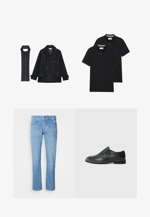 Černý vlněný kabát s dvojitými knoflíky a velkým límcem, doplněný bezrukávovou černou prošívanou vestou se zapínáním na zip.; Dvě černé polokošile s krátkým rukávem z bavlny, s klasickým límcem, dvouknoflíkovou légou a bílými pruhovanými akcenty uvnitř límce.; Světle modré džíny rovného střihu vyrobené z denimu, s pěti kapsami, knoflíkovým zapínáním a jemným vyblednutím pro texturu. Žádné viditelné logo.; Černá kožená nazouvací bota s hladkým svrškem, prošívanými detaily, zaoblenou špičkou a nízkým gumovým podpatkem. Podešev má minimální vzorek.