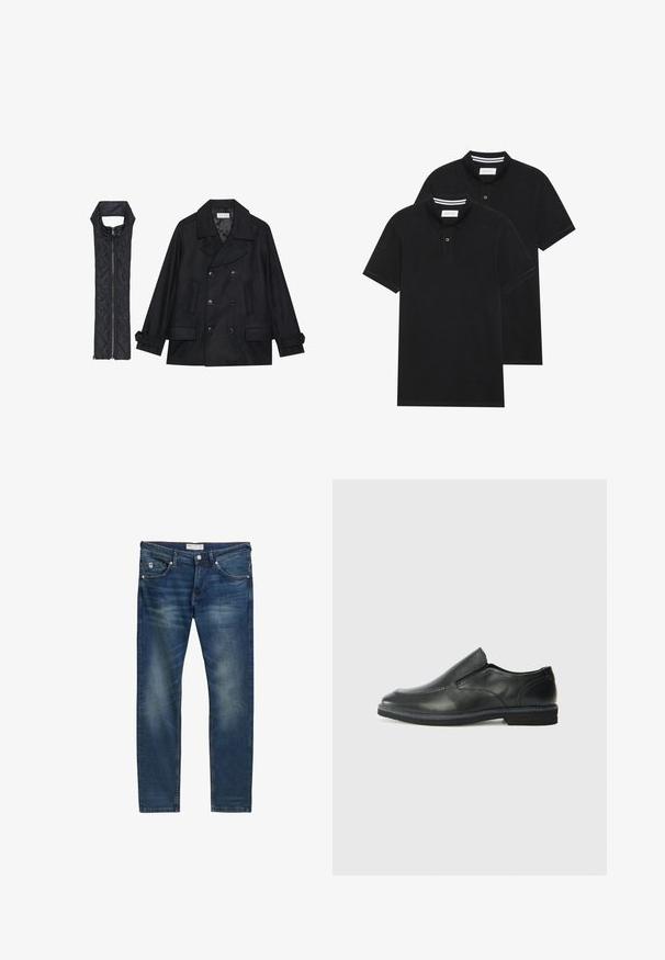 Černý vlněný kabát s dvojitými knoflíky a velkým límcem, doplněný bezrukávovou černou prošívanou vestou se zapínáním na zip.; Dvě černé polokošile s krátkým rukávem z bavlny, s klasickým límcem, dvouknoflíkovou légou a bílými pruhovanými akcenty uvnitř límce.; Tmavě modré denimové džíny s rovnym střihem, s mírným vyblednutím, pěti kapsami, zipovým zapínáním a nenápadným kontrastním prošíváním.; Černá kožená nazouvací bota s hladkým svrškem, prošívanými detaily, zaoblenou špičkou a nízkým gumovým podpatkem. Podešev má minimální vzorek.