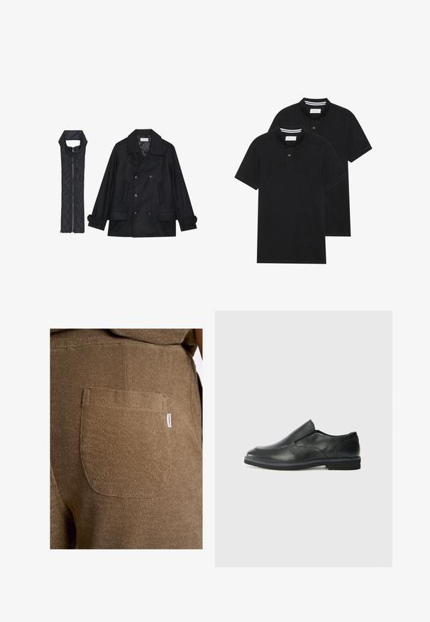 Schwarzer wollener Peacoat mit doppelt geknöpften Knöpfen und großem Kragen, kombiniert mit einer ärmellosen schwarzen gesteppte Weste mit Reißverschluss.; Zwei schwarze Polohemden, kurzärmlig, aus Baumwolle, mit einem klassischen Kragen, zwei Knöpfen und weißen Streifenakzenten im Inneren des Kragens.; Lindbergh ELASTIC WAIST - Shorts - dk stone; Schwarze Leder-Slipper mit glattem Obermaterial, gesteppten Akzenten, runder Zehenpartie und niedrigem Gummiabsatz. Die Sohle hat ein minimales Profil.