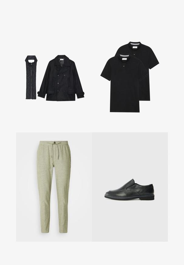 Manteau en laine noir à double boutonnage et grand col, associé à un gilet matelassé sans manches noir avec fermeture éclair.; Deux polos noirs, à manches courtes, en coton, avec un col classique, une patte de boutonnage à deux boutons, et des accents rayés blancs à l'intérieur du col.; Un pantalon de jogging vert clair en tissu texturé, avec une taille élastique dotée d'un cordon de serrage et un détail de bouton à l'avant.; Chaussure slip-on en cuir noir avec une tige lisse, des accents cousus, un bout arrondi et un petit talon en caoutchouc. La semelle présente un profil de traction minimal.