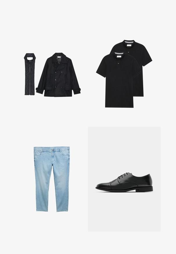 Musta villapaltto, jossa on kaksiriviset napit ja suuri kaulus, yhdistettynä olkaimettomaan mustaan toppaliiviin, joka avautuu vetoketjulla.; Kaksi mustaa lyhythihaista poolopaitaa, puuvillamateriaalia, joissa on klassinen kaulus, kahden napin napitus ja valkoiset raidat kauluksen sisällä.; Vaaleansinisiä farkkuja, joissa on suora lahje, etutaskut, vyölenkit ja vetoketjusuljenta. Sileä, kevyt rakenne.; Musta nahkakengät, joissa on pyöristetty varvas, nauhakiinnitys, hienovaraiset ompeluyksityiskohdat ja matala korko. Sujuva pinta kiillotetulla viimeistelyllä.