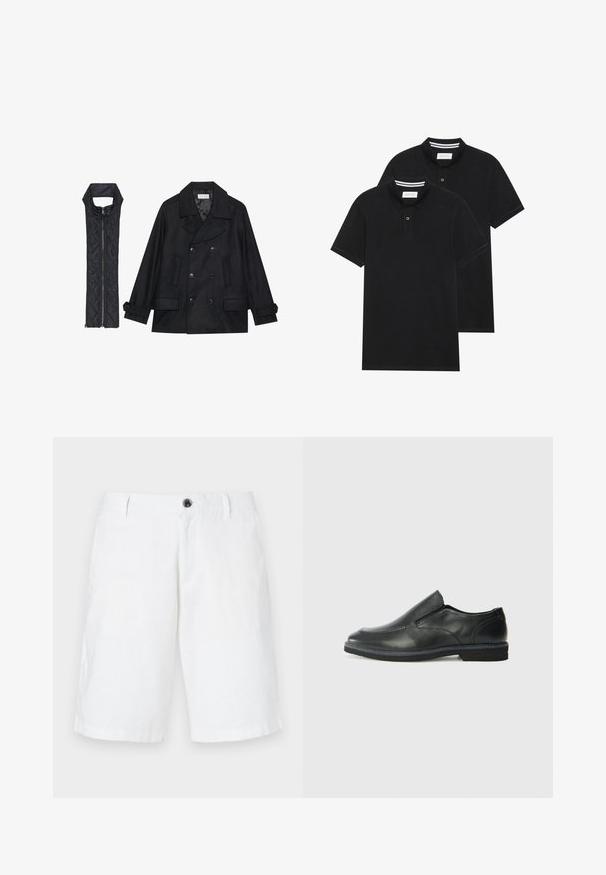 Zwarte wollen peacoat met dubbele knopen en grote kraag, gecombineerd met een mouwloze zwarte gewatteerde vest met ritssluiting.; Twee zwarte polo shirts, met korte mouwen, van katoen, met een klassieke kraag, een knoopsluiting met twee knopen en witte gestreepte accenten aan de binnenkant van de kraag.; Witte linnen shorts met een ontspannen pasvorm, met een enkele knoopsluiting, riemlussen en zijzakken. Gladde textuur en rechte zoom.; Zwarte leren instapper met een soepele bovenkant, gestikte accenten, ronde neus en een lage rubberen hak. De zool heeft minimale profiel.