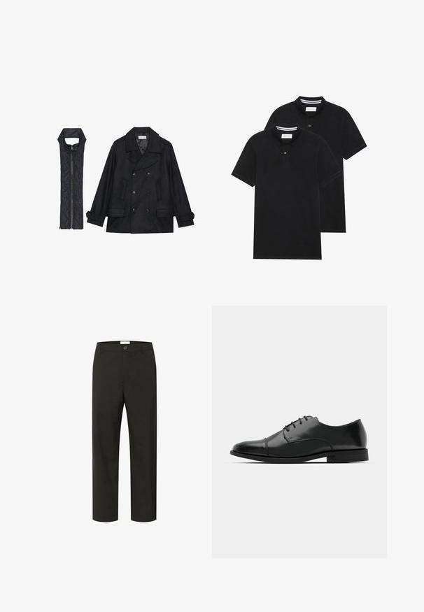Czarna wełniana peacoat z podwójnymi guzikami i dużym kołnierzem, zestawiona z bezrękawnym czarnym pikowanym kamizelką z zamkiem błyskawicznym.; Dwie czarne koszulki polo z krótkim rękawem, wykonane z materiału bawełnianego, z klasycznym kołnierzykiem, z zapięciem na dwa guziki oraz białymi paskami wewnątrz kołnierza.; Czarne spodnie o gładkiej fakturze, prostej nogawce, z zapięciem na guzik i szlufkami na pasek. Charakteryzują się minimalistycznym wyglądem i brakiem widocznych wzorów.; Czarne skórzane buty do garnituru z okrągłym noskiem, sznurowanym zapięciem, subtelnymi detalami przeszycia oraz niskim obcasem. Gładka faktura z polerowanym wykończeniem.
