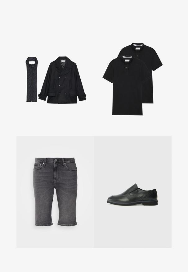 Juodas vilnonis pikoatė su dvigubais mygtukais ir dideliu apykakle, derinamas su juodu be rankovių pūkine liemene su užtrauktuku.; Du žaidimų juodos polo marškiniai, trumpomis rankovėmis, pagaminti iš medvilnės, su klasikinėmis apykaklėmis, dviem mygtukais priekyje ir baltais dryžiais apykaklės viduje.; Tamsiai pilki džinsiniai šortai su tiesiu sijonu, penkių kišenių dizainu ir susuktomis rankovėmis. Yra metalinė sagė ir subtilūs siuvimo akcentai.; Juodai odiniai įtvirtinimo batai su lygiu paviršiumi, siuvinėjimo akcentais, apvalia nosimi ir žemu guminiu kulnu. Pado raštas minimalus.