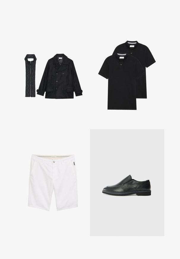 Fekete gyapjú peacoat dupla gombolással és nagy gallérral, melyet egy ujjatlan fekete steppelt mellénnyel párosítanak, amely cipzárral záródik.; Két fekete pólóing, rövid ujjú, pamut anyagból készült, klasszikus gallérral, két gombos gombolással, és fehér csíkos díszítéssel a gallér belső részén.; Fehér rövidnadrág cipzáros rögzítéssel és gombos zárással, két oldalsó zsebbel, valamint texturált anyaggal, finom varrási részletekkel.; Fekete bőr, slip-on cipő sima felsőrésszel, varrott díszítéssel, lekerekített orral és alacsony gumitalppal. A talpa minimális bordázattal rendelkezik.