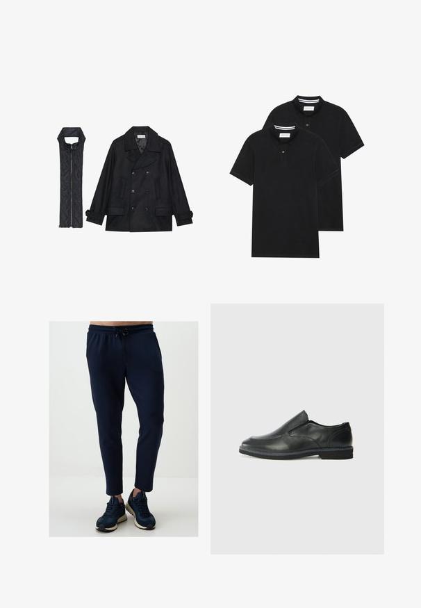 Schwarzer wollener Peacoat mit doppelt geknöpften Knöpfen und großem Kragen, kombiniert mit einer ärmellosen schwarzen gesteppte Weste mit Reißverschluss.; Zwei schwarze Polohemden, kurzärmlig, aus Baumwolle, mit einem klassischen Kragen, zwei Knöpfen und weißen Streifenakzenten im Inneren des Kragens.; Navy Jogginghosen mit elastischem Bund, Kordelzug, schmalem Schnitt und seitlichen Taschen, kombiniert mit dunklen Sneakers.; Schwarze Leder-Slipper mit glattem Obermaterial, gesteppten Akzenten, runder Zehenpartie und niedrigem Gummiabsatz. Die Sohle hat ein minimales Profil.