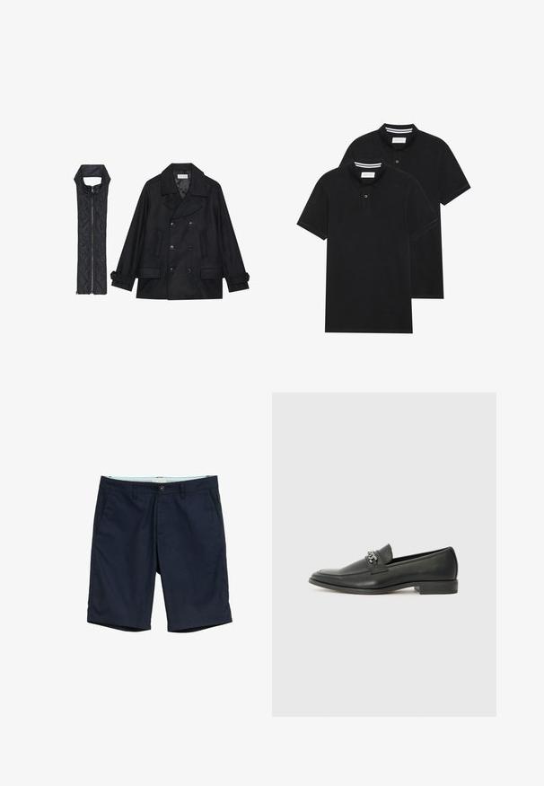 Čierny vlnený peacoat s dvojradovým zapínaním a veľkým golierom, skombinovaný s čiernou prešívanou vestou bez rukávov s rázporkom na zips.; Dvé čierne polo tričká, krátke rukávy, vyrobené z bavlny, s klasickým golierom, dvojitým gombíkom a bielymi pruhmi vo vnútri goliera.; Námornícke modré šortky vyrobené z bavlnenej zmesi, vybavené gombíkovým zapínaním, dvoma bočnými vreckami a rovnom lemom s jemnou textúrou.; Čierne kožené loafers s hladkým povrchom, s prešitým dizajnom a dekoratívnym kovovým reťazovým akcentom cez priehlavok. Plochý podpätok.