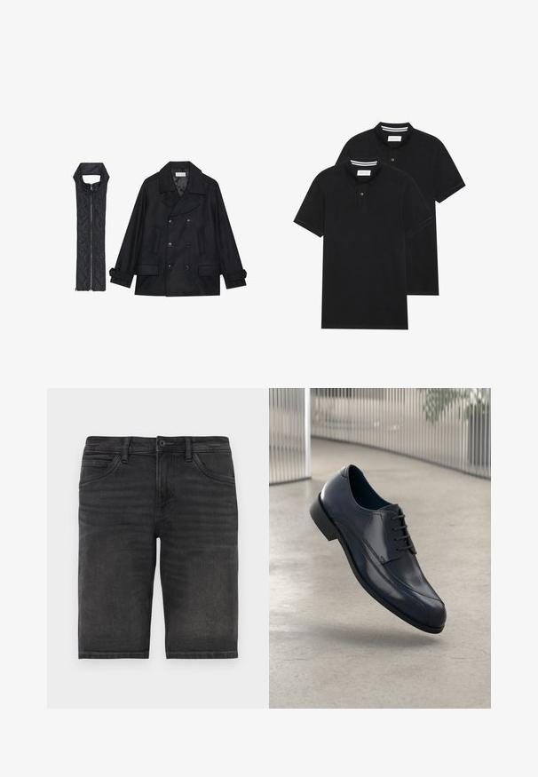 Černý vlněný kabát s dvojitými knoflíky a velkým límcem, doplněný bezrukávovou černou prošívanou vestou se zapínáním na zip.; Dvě černé polokošile s krátkým rukávem z bavlny, s klasickým límcem, dvouknoflíkovou légou a bílými pruhovanými akcenty uvnitř límce.; Černé džíny kraťasy s rovným střihem, pěti kapsami a zapínáním na knoflík. Mají mírné opotřebení a robustní texturu látky.; Lesklá černá kožená společenská obuv s tkaničkami, plovoucí nad hladkým, světle šedým podlahovým povrchem a s vertikálními kovovými pruty v pozadí.